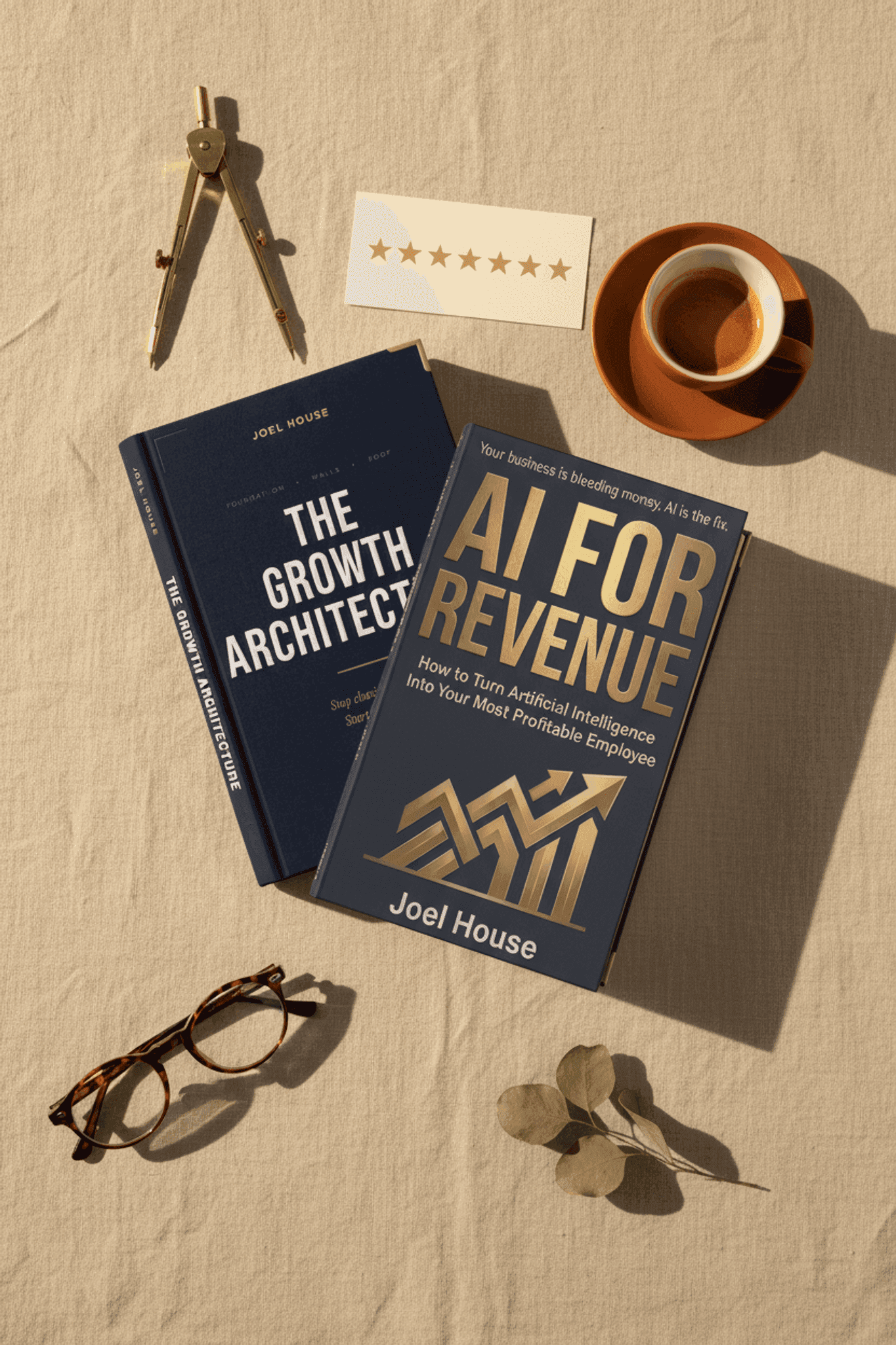 The Growth Architecture and AI for Revenue, photographed flat-lay style